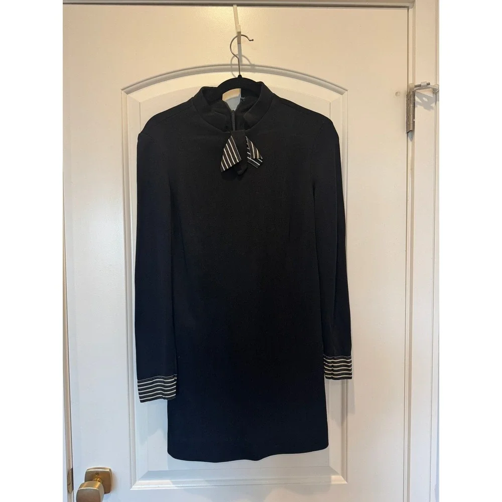 Vintage Black Mini Dress Mock Neck Long Sleeve Striped Cuff Detail - Picture 2 of 5